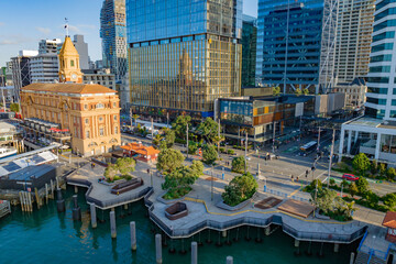 Aerial: view of auckland city ferry terminal and waterfront , New Zealand