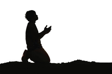 Silhouette of a hopeless man sitting and praying to God on a white background.