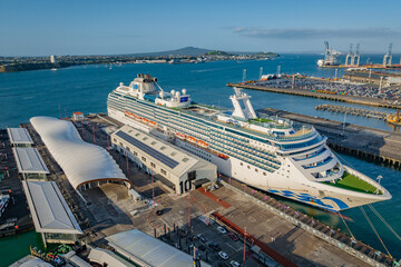 Aerial: Cruise Ship Docked at port, auckland, New Zealand