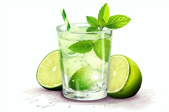 Refreshing cocktail with lime and mint leaves, isolated on transparent background. Generative AI