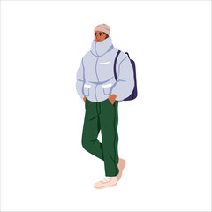 Man in winter apparel, warm jacket, sport shoes, sneakers, hat. Young guy with backpack, wearing casual clothes, outfit for cold season. Flat graphic vector illustration isolated on white background