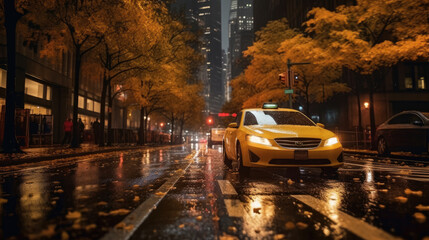Naklejka premium A taxi through the city streets on a quiet autumn night