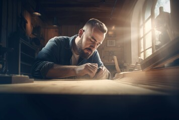 Carpenter worker. Work tool timber. Generate Ai