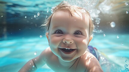 Happy child learning to swim