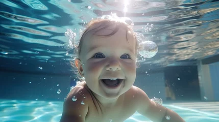 Fotobehang Happy child learning to swim © somchai20162516