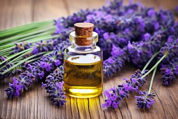 Fototapeta na wymiar lavender essential oil with fresh springs on side