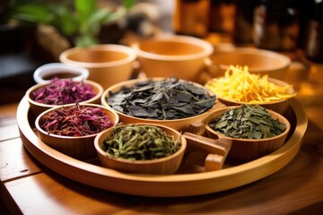 Obraz na płótnie Canvas bowls of colorful tea leaves on a bamboo tray