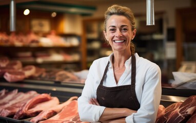Middle aged female butcher smiling in a butcher shop. Generative AI - Powered by Adobe
