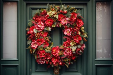 red and green holiday wreath hanging on a white door