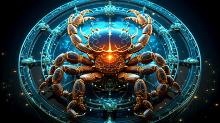 Glowing Scorpio zodiac sign art with blue universe background - obrazy, fototapety, plakaty