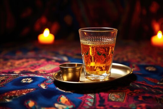 lighted kinara with cup of libation on vibrantly patterned cloth