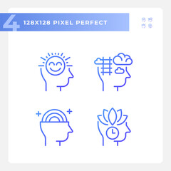 Pixel perfect icons set representing soft skills, purple gradient thin linear illustration.