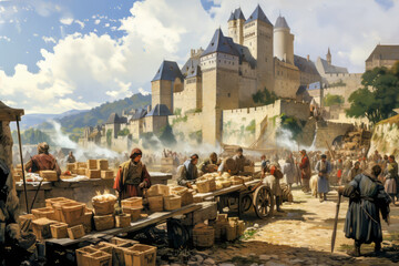 Marketplace at a Medieval Castle.  Generative AI.
A digital illustration of a market day at a medieval castle.  