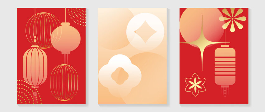 Chinese New Year cover background vector. Luxury background design with gold Chinese  lantern and oriental decorative element for Asian Lunar New Year holiday cover, poster, ad and sale banner.