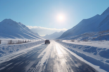 car traversing a snowy road