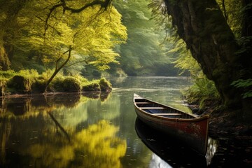 canoe resting on the side of a tranquil pond