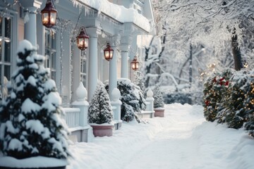 Winter snowy street with flashlights, Christmas trees decorated with garlands and Christmas tree decorations in defocused. Christmas exterior in the American style. - obrazy, fototapety, plakaty