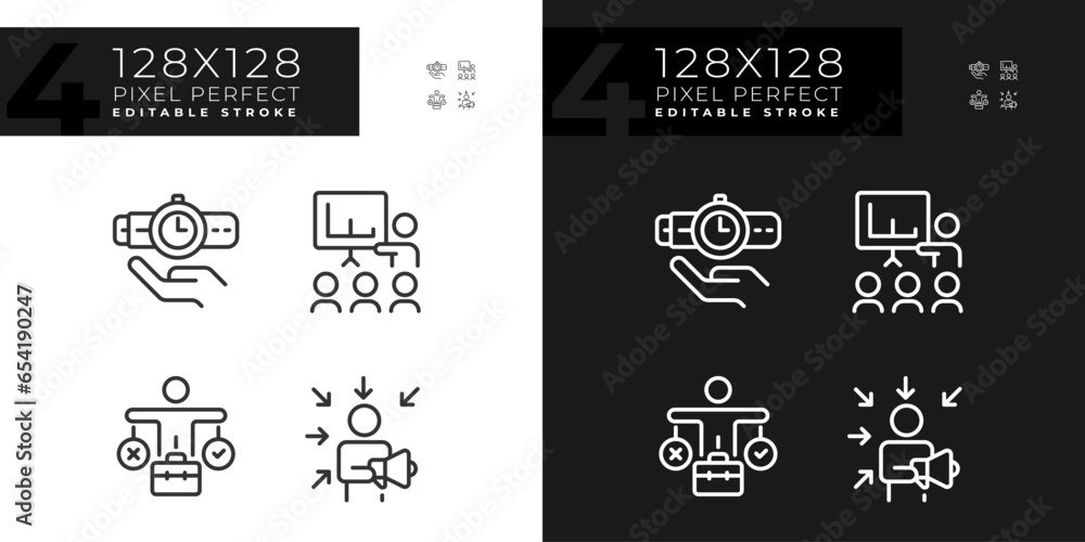 Poster pixel perfect dark and light icons set representing soft skills, editable thin linear illustration.