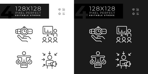 Pixel perfect dark and light icons set representing soft skills, editable thin linear illustration.
