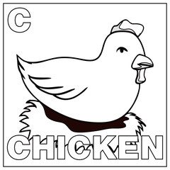 Coloring book for children. Alphabet c chicken. Vector illustration. Children coloring page with a picture of a chicken for animal recognition and the letter c