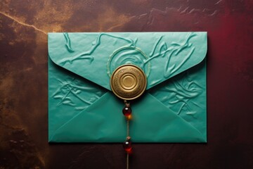 envelope with wax seal on turquoise surface