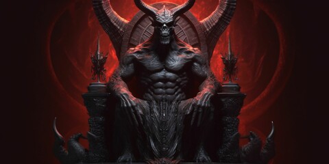 Demon King with Big Horns Sitting on a Throne. Scary Demon