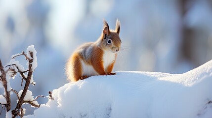 Naklejka na ściany i meble Closeup red squirrel on snowy ground, blurred nature background. Winter adorable scene for wildlife in outdoors. Beautiful squirrel with red and white fluffy fur.