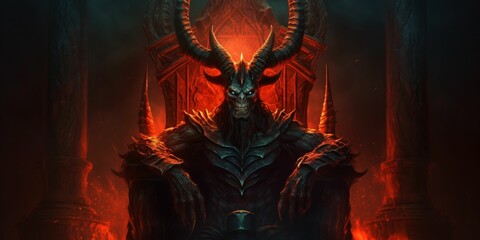 Demon King with Big Horns Sitting on a Throne. Scary Demon