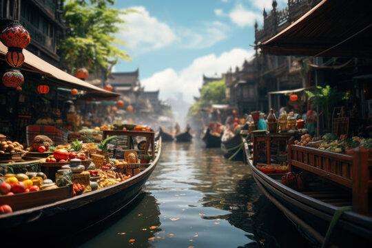 A traditional Thai floating market, where vendors sell their goods from boats on winding canals. Generative Ai.