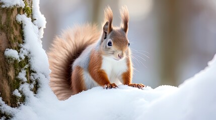 Naklejka na ściany i meble Beautiful squirrel with red and white fluffy fur. Closeup red squirrel on snowy ground, blurred nature background. Winter adorable scene for wildlife in outdoors. 