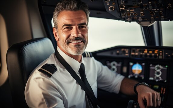 Smiling middle aged pilot in a commercial airplane. Generative AI