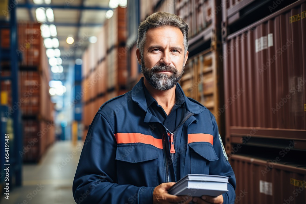 Poster logistics manager with clipboard while standing next to a storage shelf in a modern warehouse, worki
