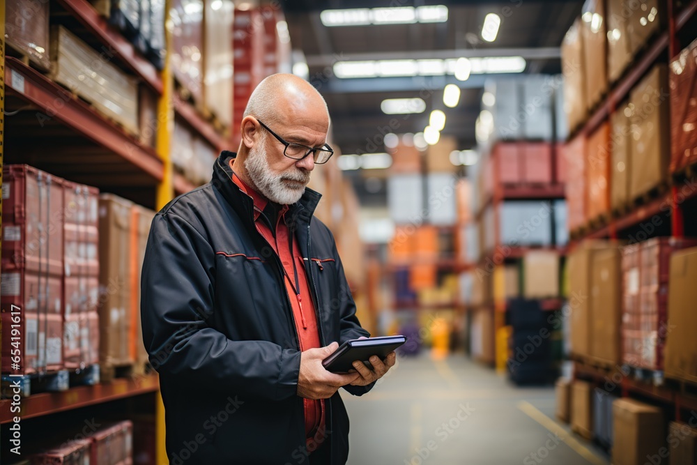 Poster logistics manager with clipboard while standing next to a storage shelf in a modern warehouse, worki