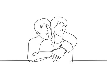 man hugs a woman from behind - one line art vector. concept opposite-sex friends, siblings, skinship, heterosexual couple