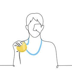 man holding a gold medal that is already hanging on her neck - one line art vector. concept male champion, athlete took 1st place