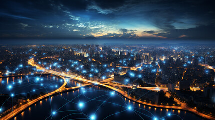 Nocturnal Data Flows, City Lights from Space Captured by Drone, network and global data connection wallpaper