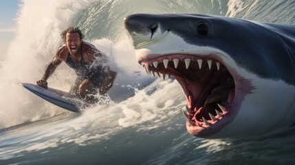 A shark chasing a man surfs a wave - obrazy, fototapety, plakaty