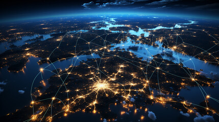 Nocturnal Data Flows, City Lights from Space Captured by Drone, network and global data connection wallpaper