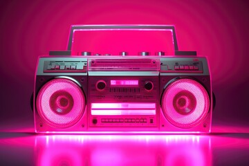 Neon pink cassette tape on a retro boombox, vaporwave vibes