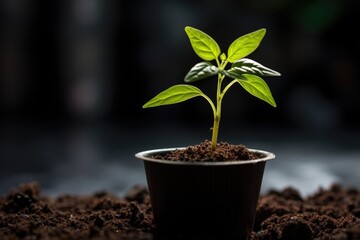 a developed plant aiding a sprouting seedling in a pot
