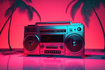 Photo of a neon pink cassette tape on a retro boombox, vaporwave vibes