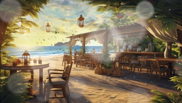 restaurant on the beach with butterfly with cartoon or anime style background. seamless looping time-lapse virtual 4k video animation background.	
