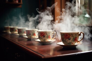 a row of steeped tea cups releasing steam