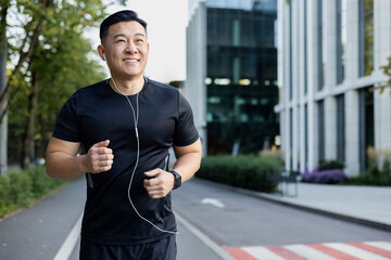 Asian smiling young man doing a morning jog in the city wearing headphones