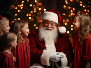 Santa Claus sharing stories with kids surrounded by twinkling Christmas lights.