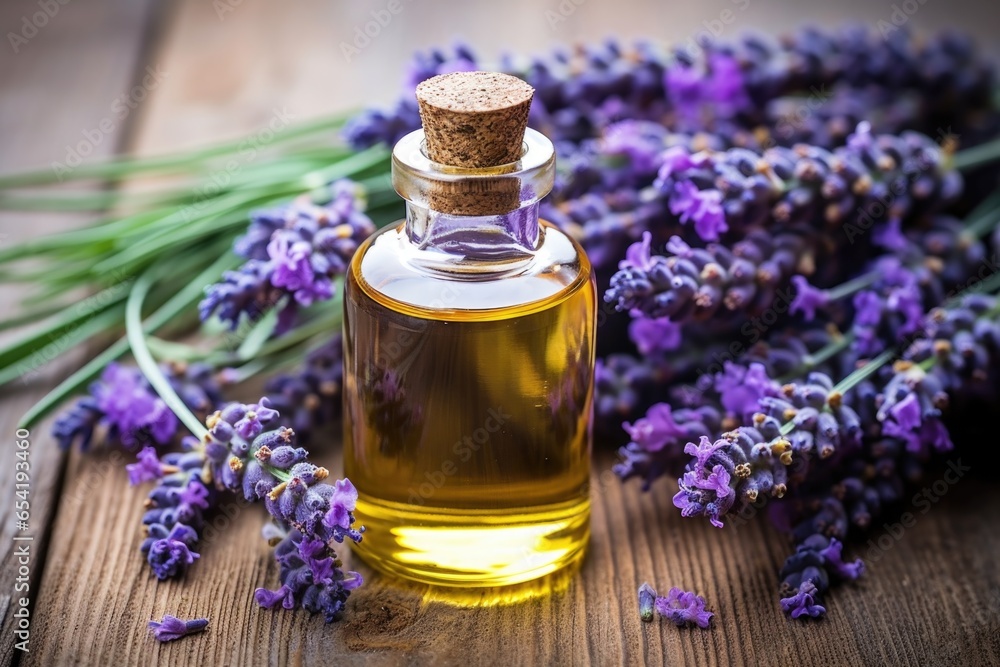 Poster close-up of lavender essential oil in a glass bottle