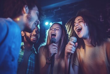 Karaoke friends singing party. Music event. Generate Ai - obrazy, fototapety, plakaty