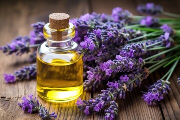 Obraz na płótnie Canvas lavender flowers in a glass vase beside essential oil bottle