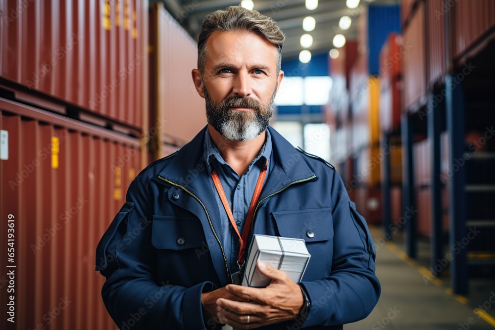 Poster logistics manager with clipboard while standing next to a storage shelf in a modern warehouse, worki