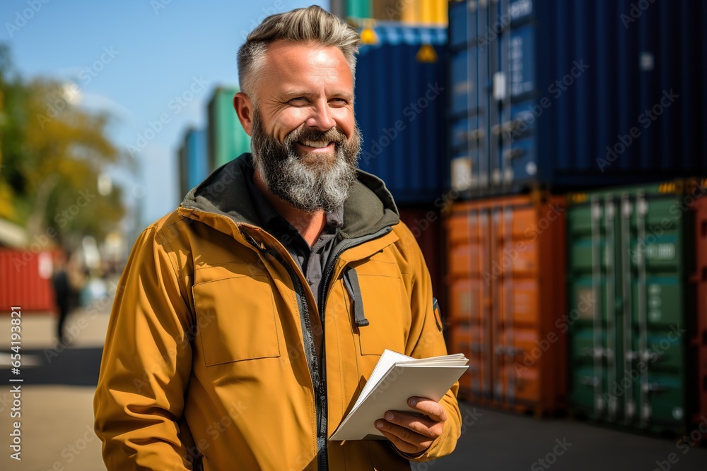 Poster logistics manager with clipboard while standing next to a storage shelf in a modern warehouse, worki